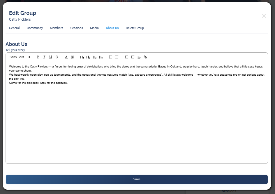 The Edit Group screen, About Us tab, showing the rich-text story editor.