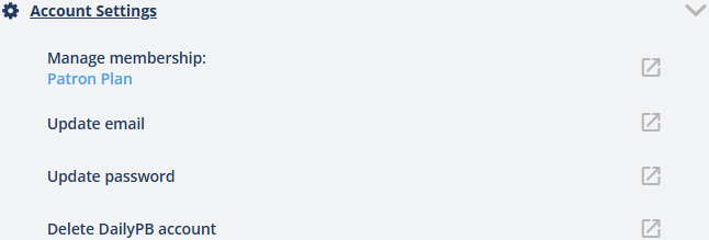 The Account Settings section with Manage membership, Update email, Update password, and Delete DailyPB account links