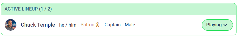The ACTIVE LINEUP section showing a player with a green Playing status