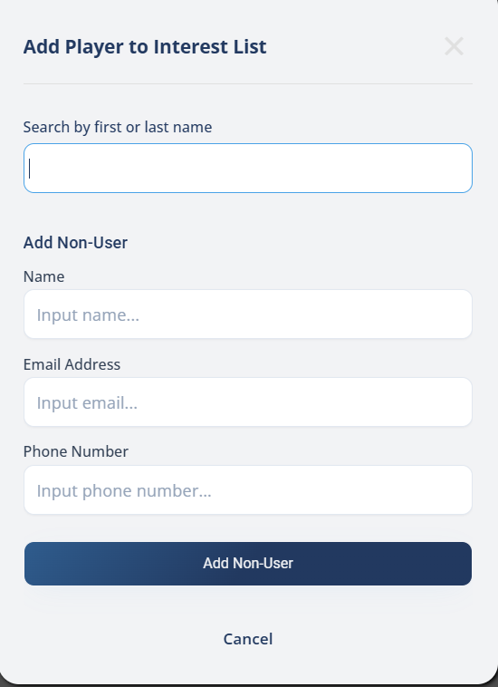 The Add Player to Interest List window, with a search field for existing users and an Add Non-User section.