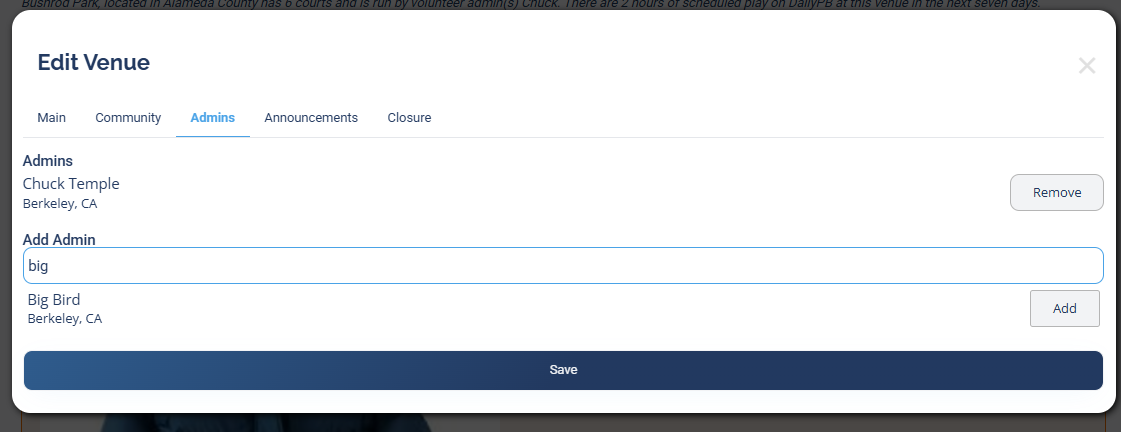The Edit Venue Admins tab listing current admins with Remove buttons and an Add Admin search field