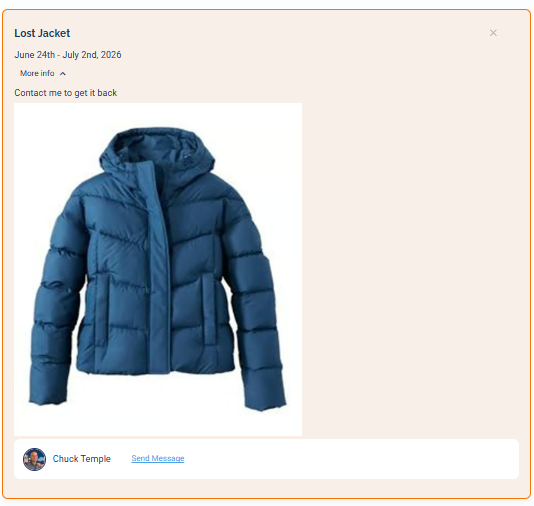 A fully opened venue announcement titled "Lost Jacket" with its display dates, body text "Contact me to get it back," a photo of the jacket, and a Send Message link to the poster
