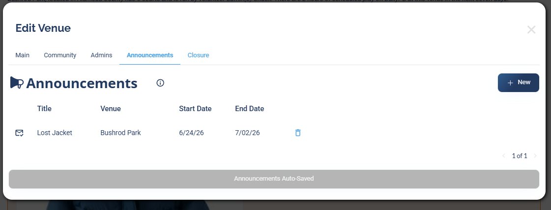 The Edit Venue Announcements tab showing the list of announcements with Title, Venue, Start Date, End Date, and a New button