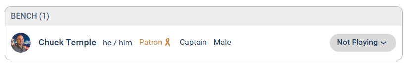 A team's BENCH section showing a player with a Not Playing status