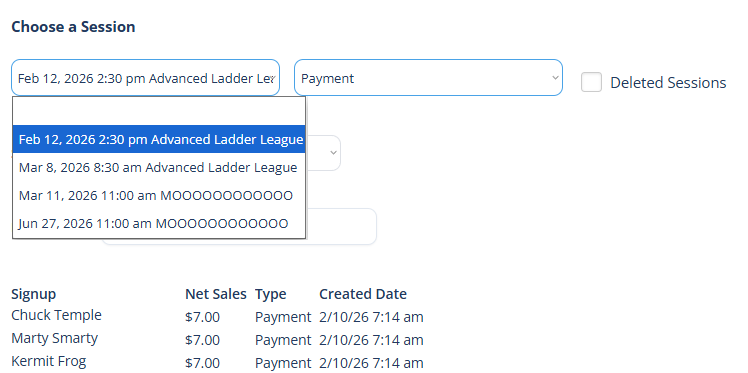 The Choose a Session dropdown listing sessions whose start dates fall within the selected date range