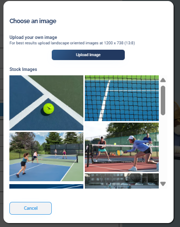The Choose an image dialog with an Upload Image button and a grid of stock pickleball images