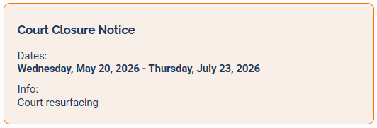 The Court Closure Notice as it appears on the venue page, showing the closure dates and information