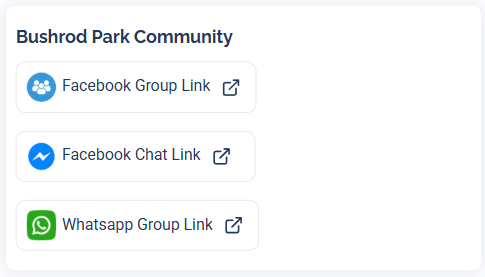 The Community section with Facebook Group Link, Facebook Chat Link, and Whatsapp Group Link buttons
