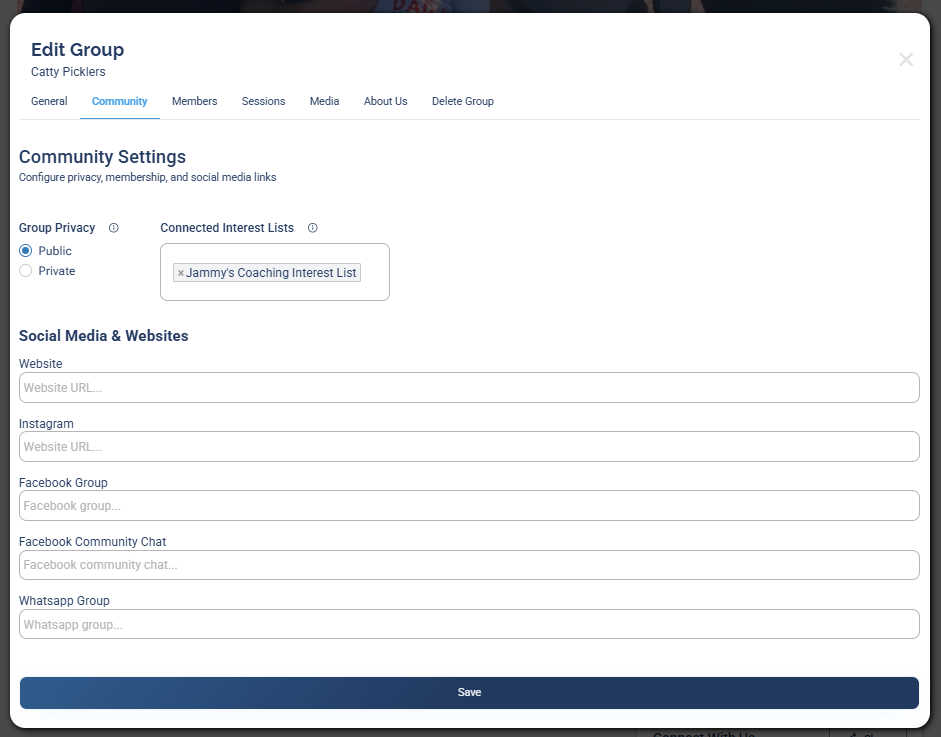 The Edit Group screen, Community tab, showing Group Privacy, Connected Interest Lists, and the Social Media and Websites fields.