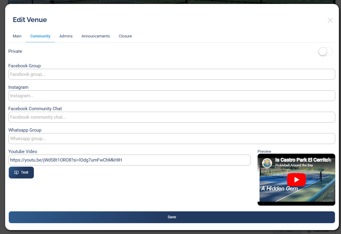 The Edit Venue Community tab with the Private toggle, social link fields, a Youtube Video field, and a video preview