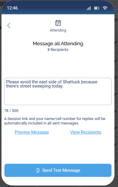 The compose screen with a typed message, the 78 of 300 character counter, and the Preview Message and View Recipients links