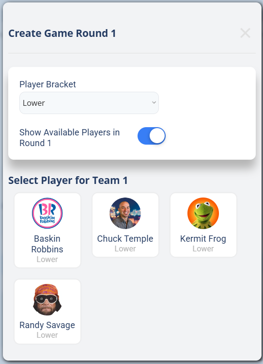 The Create Game builder with the Player Bracket set to Lower, showing the player list filtered to the four Lower-bracket players