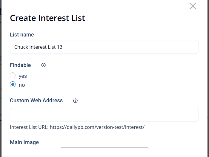 The top of the Create Interest List window, showing the List name, Findable, and Custom Web Address fields.