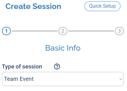 The Create Session window, Basic Info step, with Type of session set to Team Event.