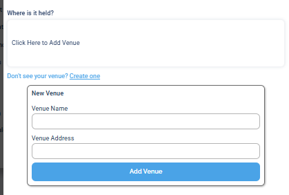 The New Venue form with Venue Name and Venue Address fields and an Add Venue button