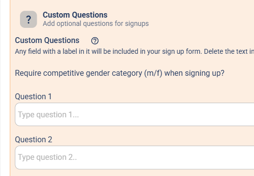 The Custom Questions section with its helper text and numbered question boxes (Question 1, Question 2...)