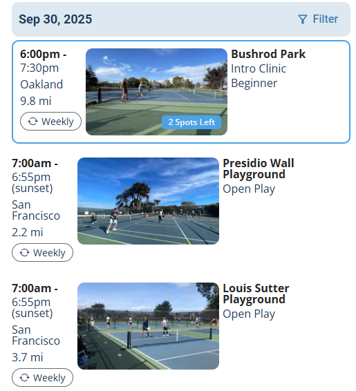 The daily schedule list, with public signup sessions highlighted at the top.