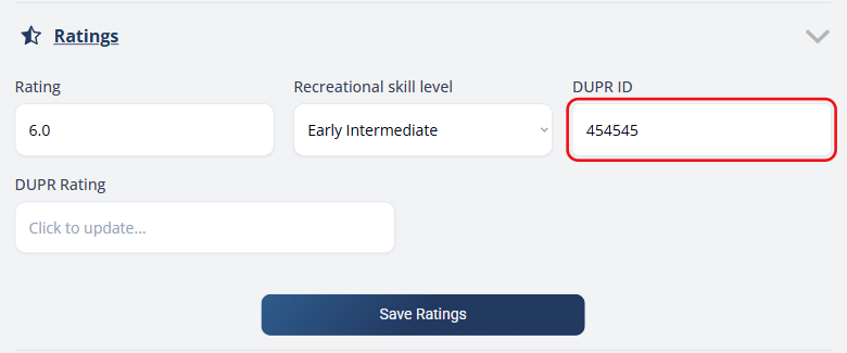 The DailyPB profile Ratings section with the DUPR ID field highlighted