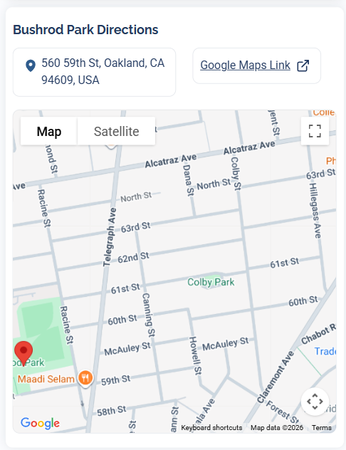 The Directions section showing the venue address, a Google Maps Link button, and an embedded interactive Google Map with Map and Satellite view toggles