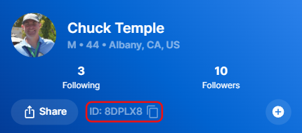 The DUPR dashboard header with the DUPR ID highlighted directly below the player's name