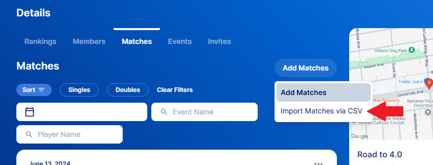 DUPR Add Matches menu with the Import Matches via CSV option