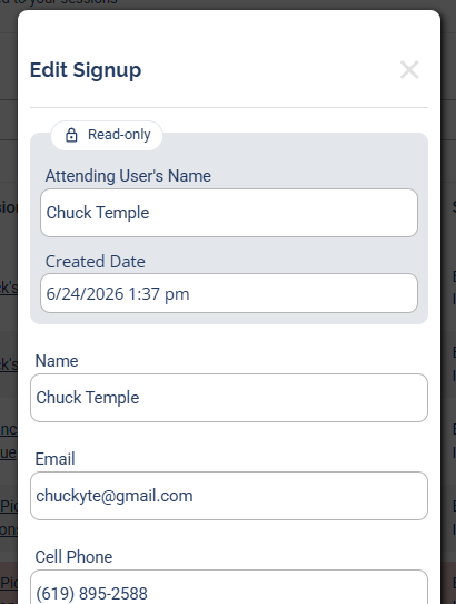 The Edit Signup menu with a read-only Attending User's Name and Created Date, and editable Name, Email, and Cell Phone fields
