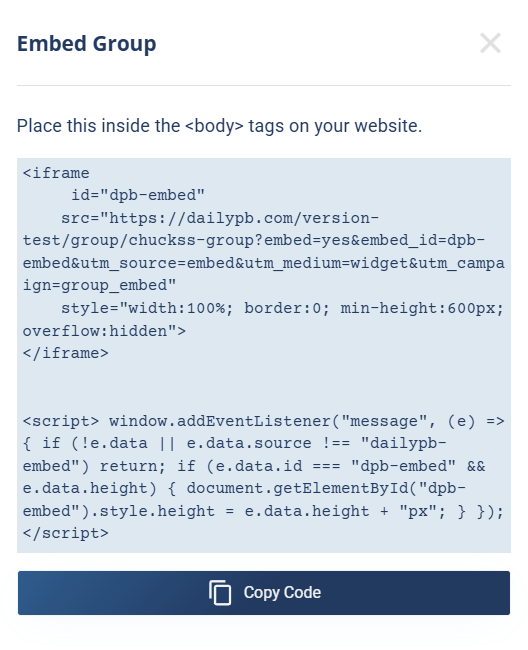 The Embed Group window showing the iframe + script code and a Copy Code button.