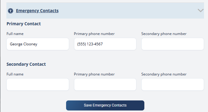 The Emergency Contacts section with Primary Contact and Secondary Contact fields