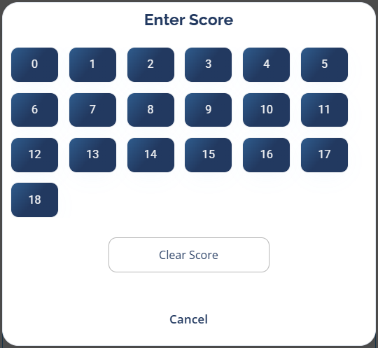 The Enter Score popup with score buttons from 0 to 18, a Clear Score button, and Cancel