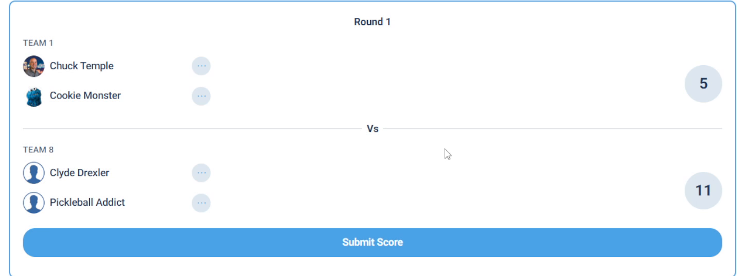 A Round 1 game card with scores of 5 and 11 entered for the two teams and a Submit Score button.