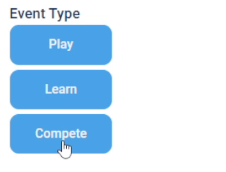 The Event Type section of the filter panel showing three selected buttons stacked vertically: Play, Learn, and Compete