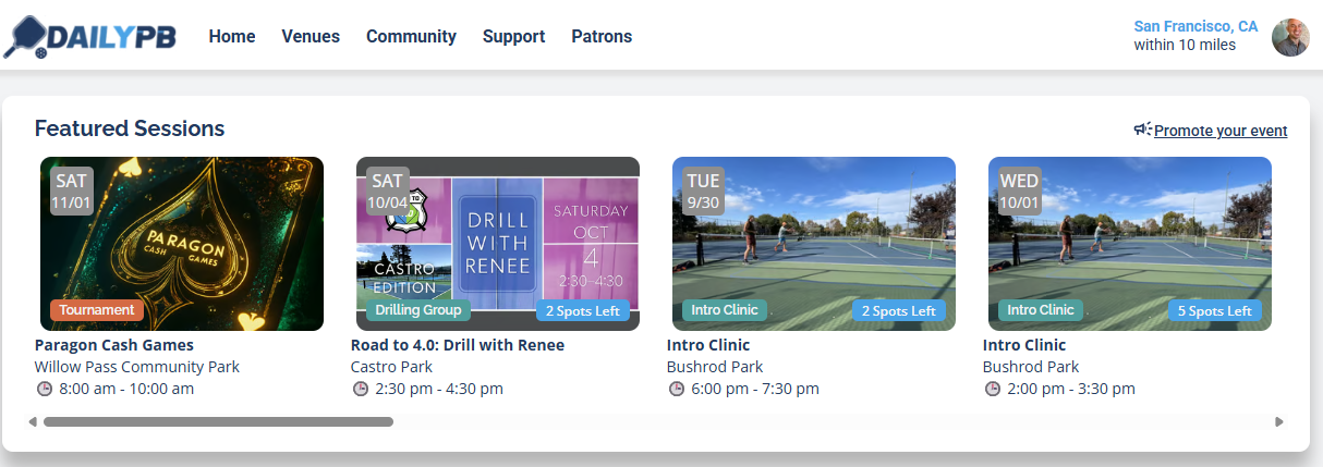 The Featured Sessions row at the top of the DailyPB schedule, showing session cards with open spots.