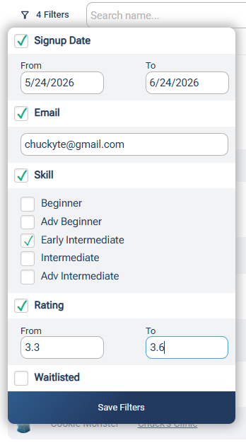The Filters panel with a checkbox next to each filter (Signup Date, Email, Skill, Rating, Waitlisted) and a Save Filters button