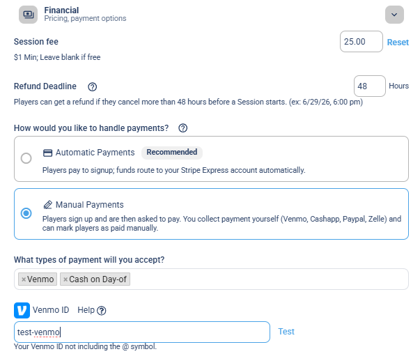 The Financial tab showing the Session fee, Refund Deadline, the Manual Payments option selected, and the payment types with a Venmo ID field