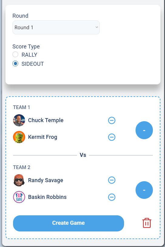 The built game showing the Round and Score Type (Sideout selected), Team 1 versus Team 2, and a Create Game button