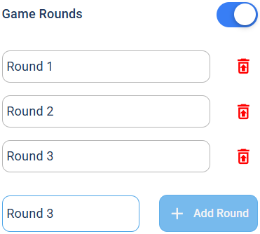 Game Rounds turned on, showing Round 1, Round 2, and Round 3 with an Add Round button