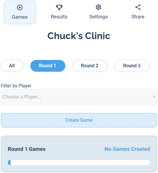The Games tab showing the All, Round 1, Round 2, and Round 3 buttons with Round 1 selected, Filter by Player, Create Game, and a Round 1 Games panel reading No Games Created