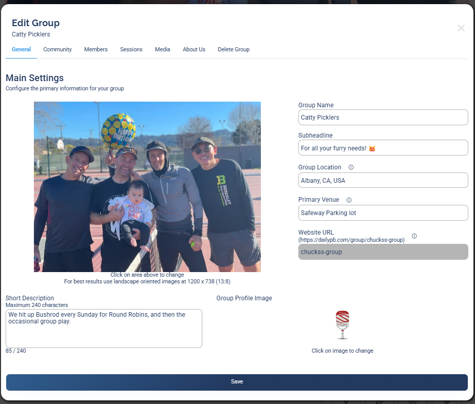 The Edit Group screen, General tab, showing Group Name, Subheadline, Group Location, Primary Venue, Website URL, Short Description, and Group Profile Image.