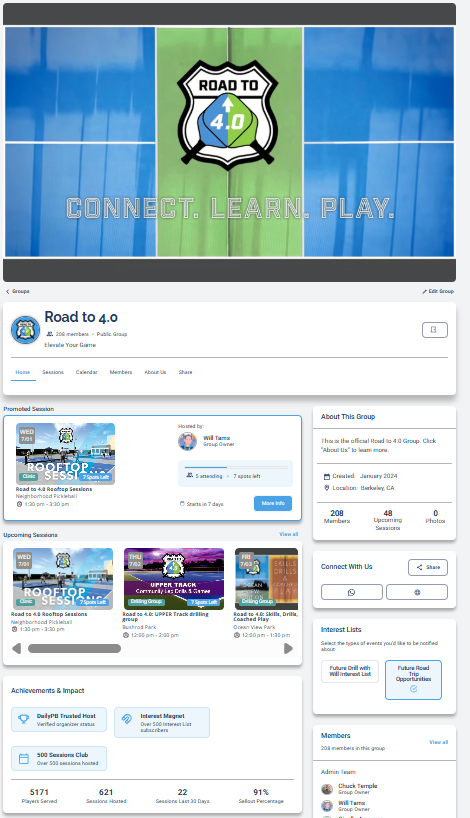 A live DailyPB group page (Road to 4.0) with its banner, upcoming sessions, About section, member list, and community links