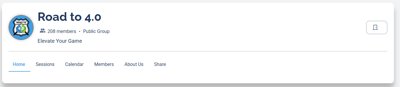 The group page header showing the group icon, name, member count, Public Group label, subheadline, the Home, Sessions, Calendar, Members, About Us, and Share tabs, and a leave-group icon at the top right