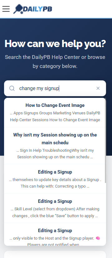 DailyPB Help Center mobile search in action — typing a question and seeing matching results instantly