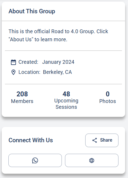 The About This Group box showing the description, created date, location, and member, upcoming-session, and photo counts