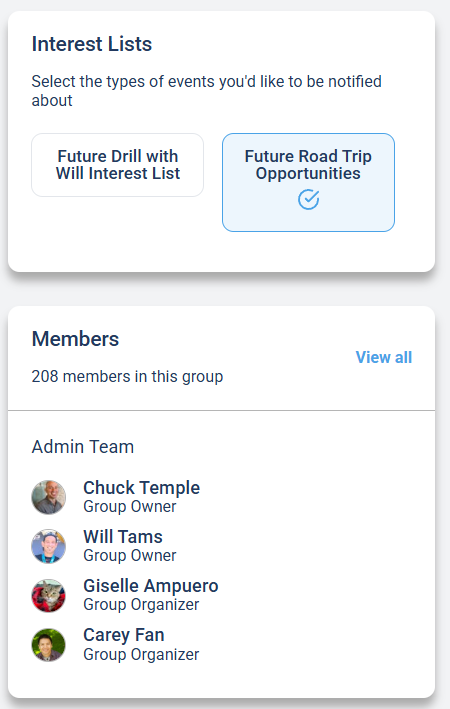 The Interest Lists section with selectable lists and the Members section showing the admin team and roles