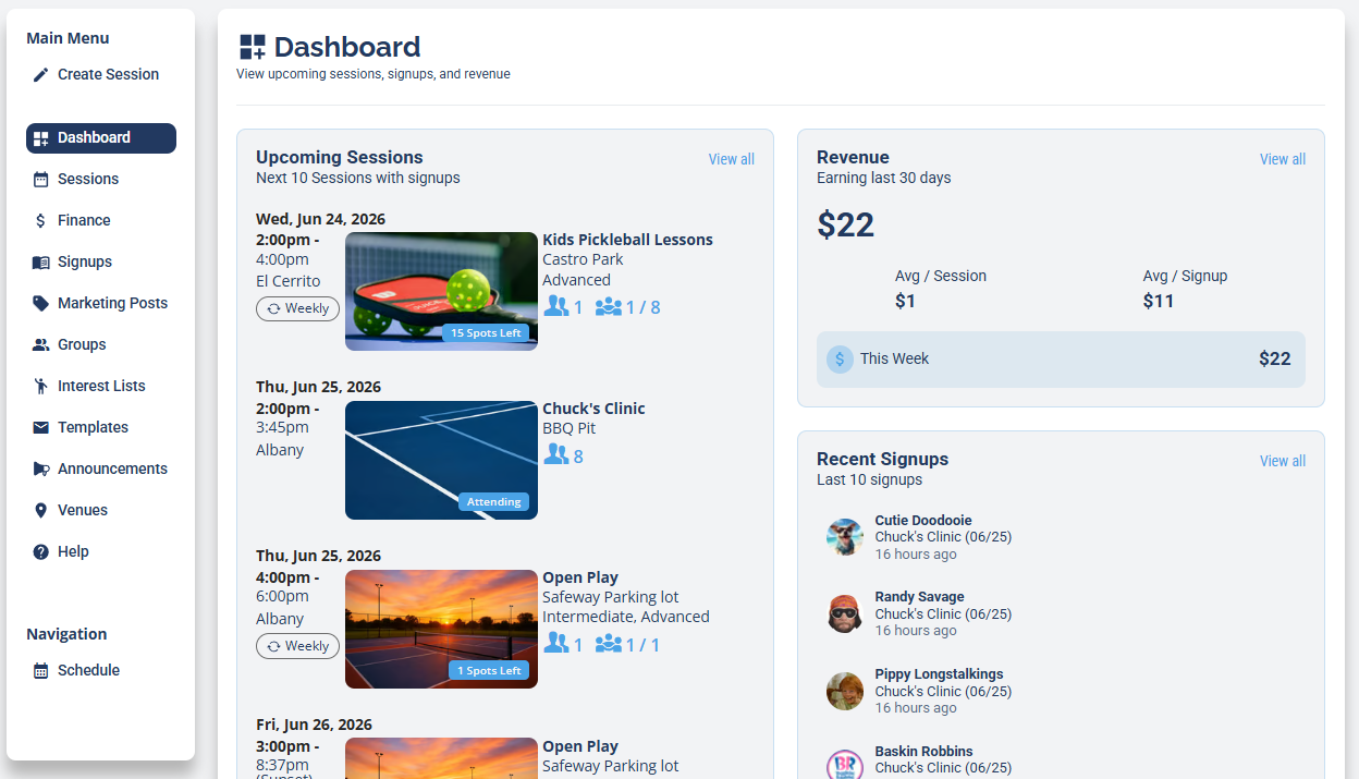 The DailyPB host Dashboard showing the Upcoming Sessions, Revenue, and Recent Signups panels alongside the left-hand host menu