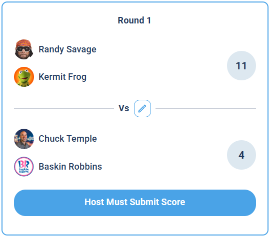 A game as seen by a non-host, with a Host Must Submit Score button instead of Submit Score