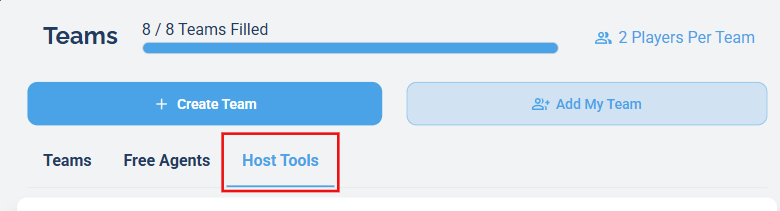 The Teams window with the Host Tools tab outlined in red, next to the Teams and Free Agents tabs.