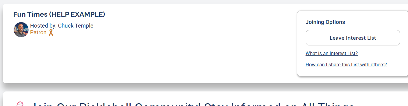A sample Interest List webpage showing the list name, host, and a Joining Options box.