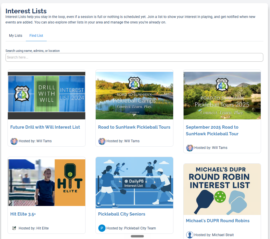 The public Interest Lists directory page showing a grid of real Interest List cards from different hosts