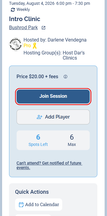 The session details with the Join Session button highlighted, above Add Player and the Spots Left counter.