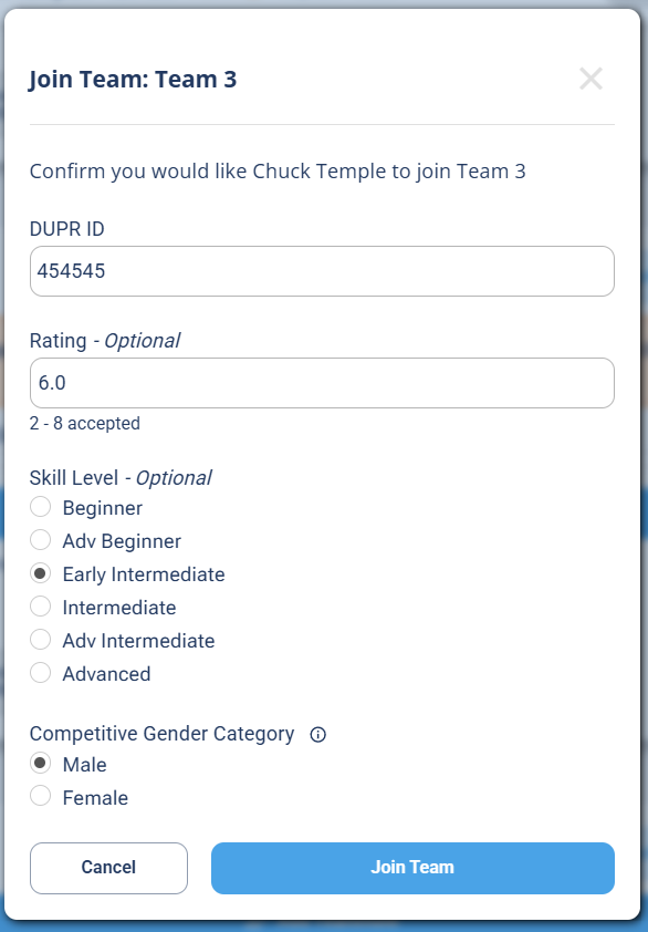 The Join Team dialog with a DUPR ID field, an optional Rating field, an optional Skill Level list, a Competitive Gender Category choice, and a Join Team button
